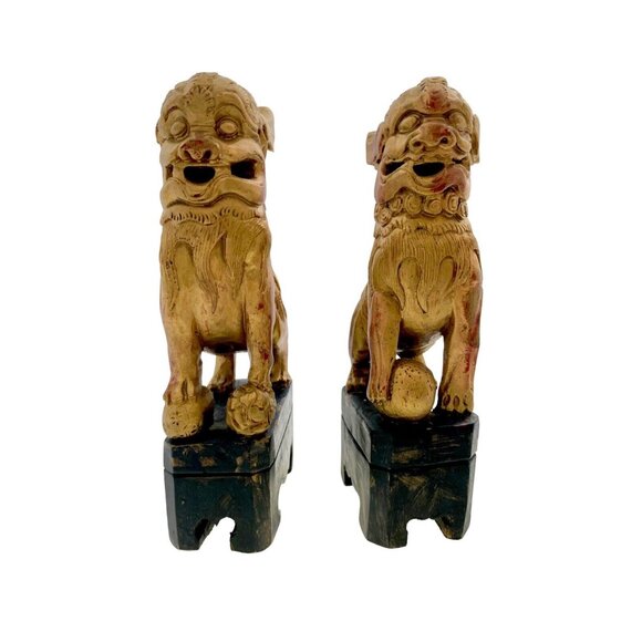 Foo Dog Figurine Pair Fu Lion Carved Wood Gold Gilt Asian Antique Oriental Decor - Picture 2 of 10